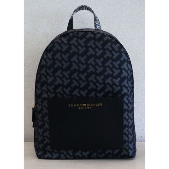 Tommy Hilfiger 69J8944-001 Unisex Black/Gray Allover Logo Print Backpack - Picture 1 of 10